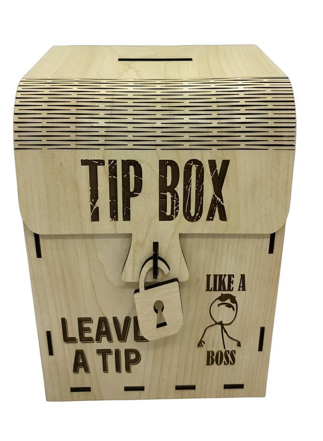 MeeCraft Laser-Cut Wooden Tip Box with Playful Boss Graphic - Encourage Generosity with a Smile (16x11.7x15.3 cm, Beige) - Image 1